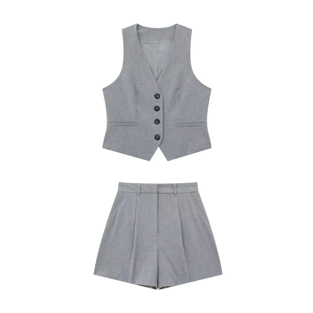Chic DUOPERI Women’s Grey Two-Piece Set Featuring Tailored Vest and High Waist Shorts for Stylish Coordinated Outfits.