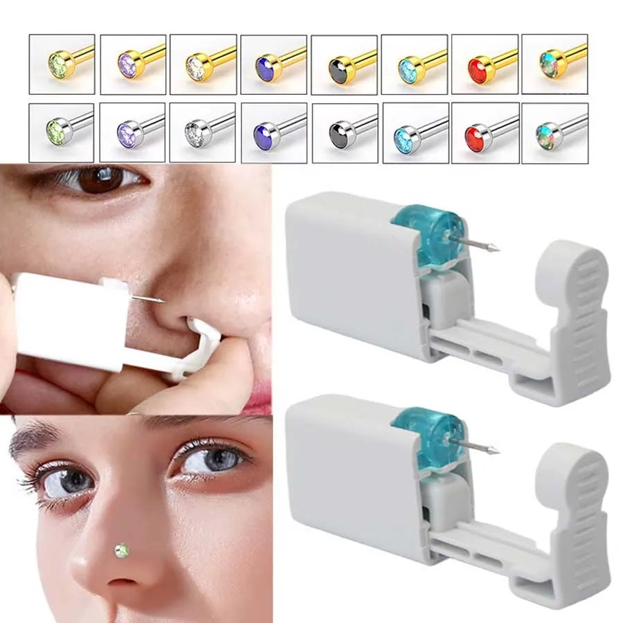 Discover the Disposable Nose Piercing Gun Kit with Built-in Stainless Steel Nose Stud and Alcohol Cotton for easy piercing.