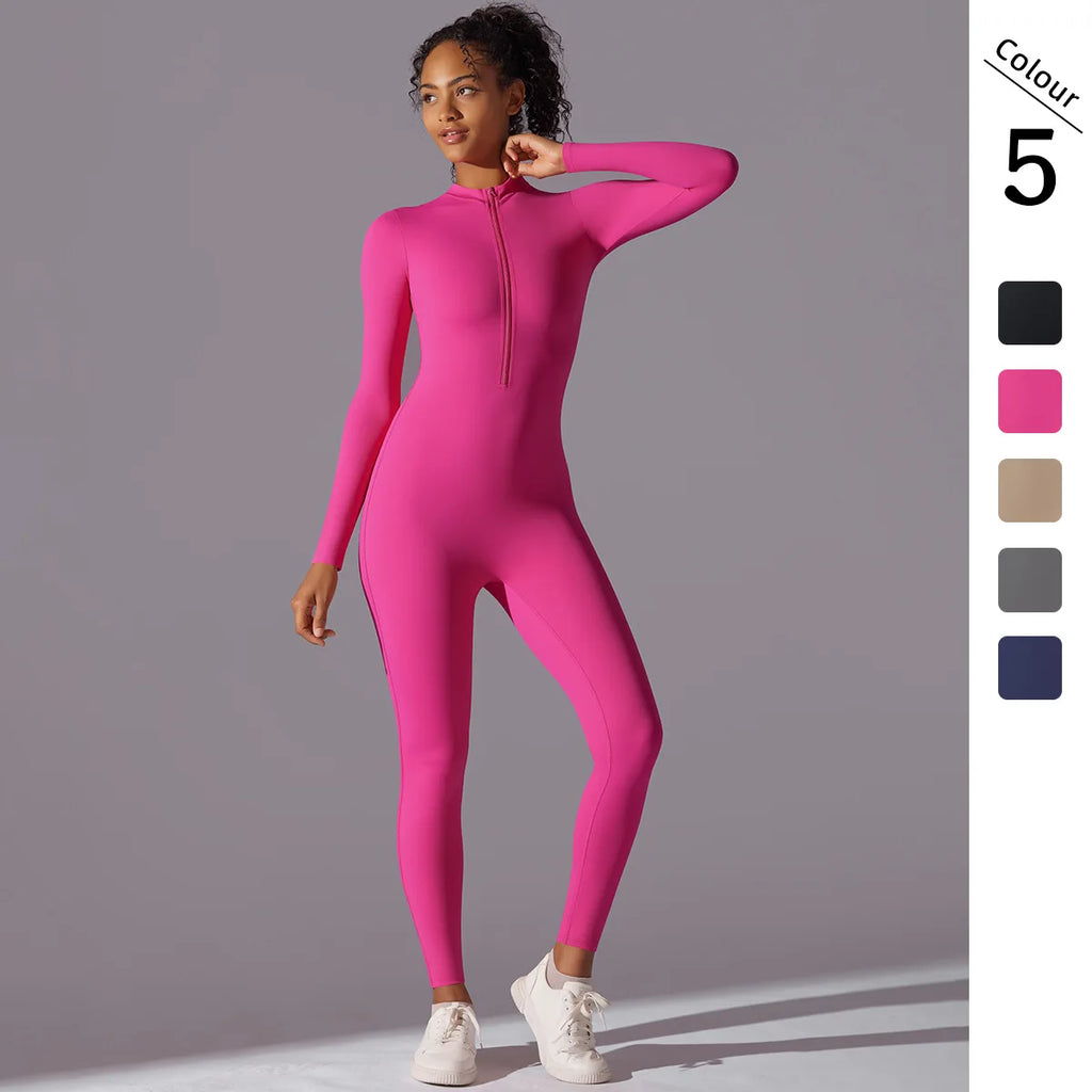 Stylish Women Nude Zipper Yoga Jumpsuit Long Sleeve One Piece Leotard for high-intensity workouts and dance fitness.