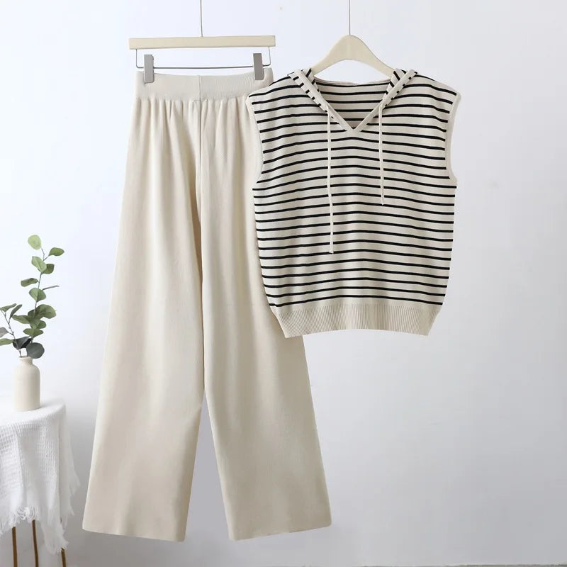 Women Loose Casual Summer Set V Neck Striped Sleeveless Hooded Tank Top with Solid High Waist Wide Leg Pants Lounge Outfit