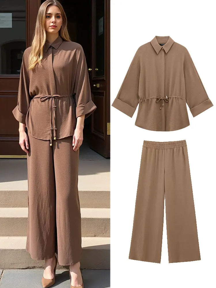 High Waist Casual Trousers and Long Sleeve Shirt Set for Women with Retro Lapel and Drawstring Waist, perfect for stylish outings.