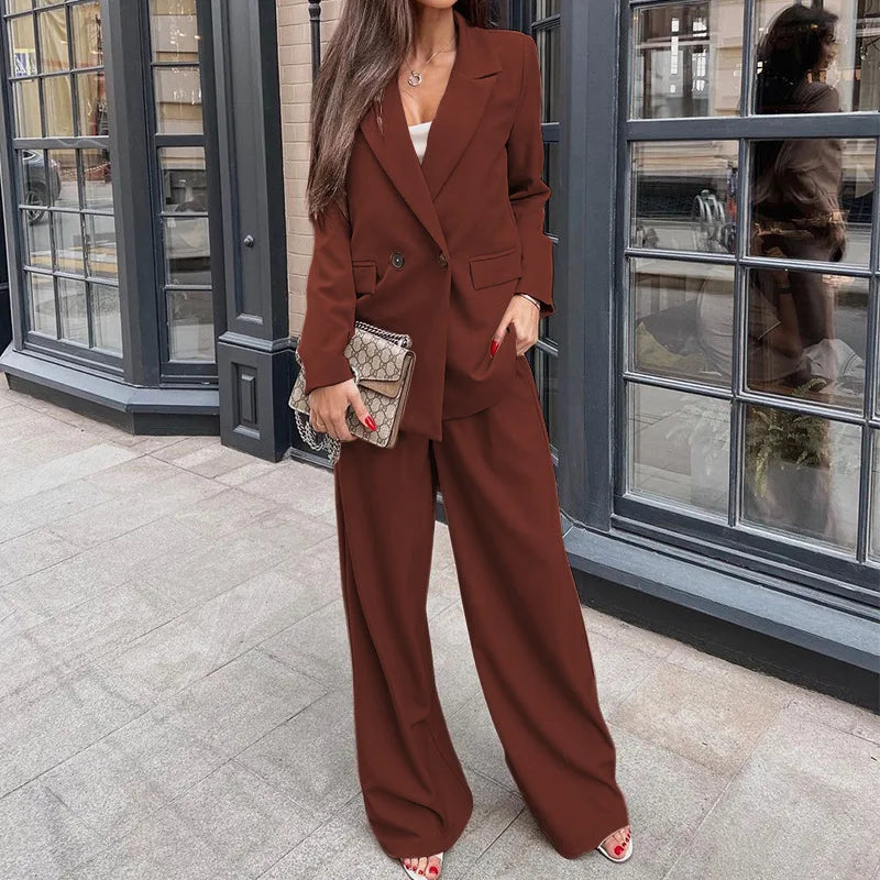 Stylish BAMBOOBOY Fashion Solid Blazer Suit and Wide Leg Pants Two Piece Set for Women, perfect for autumn winter office wear.