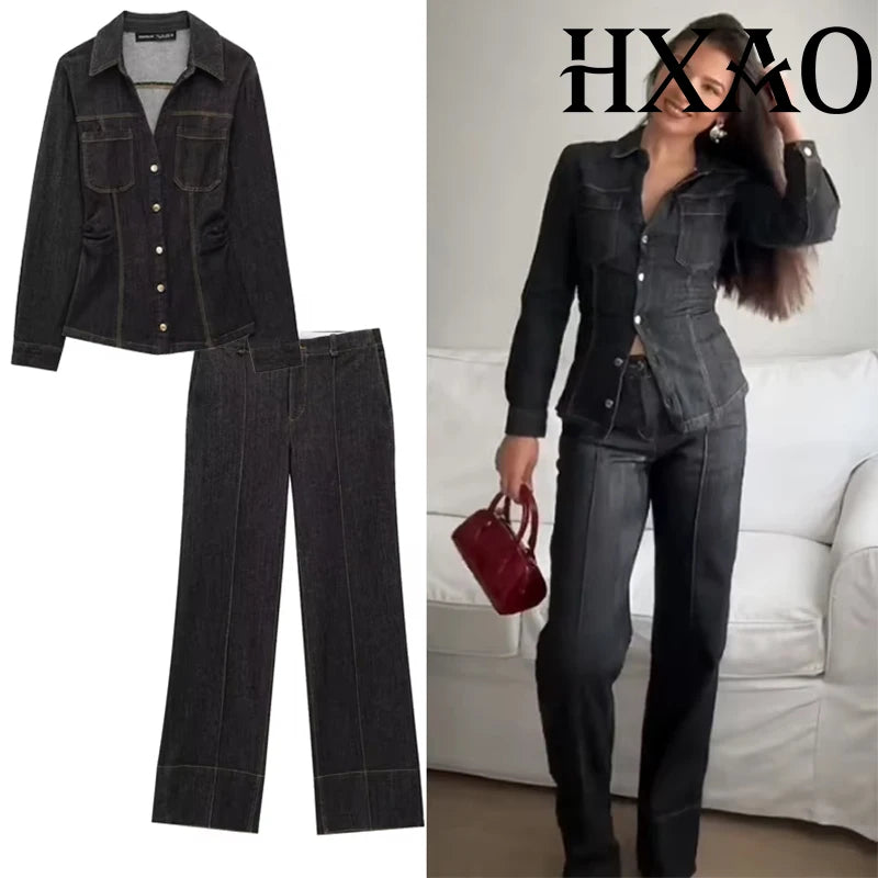 Women's Denim Two Piece Set With Long Sleeve Top And Wide Leg Pants Casual Elegant Spring Outfit