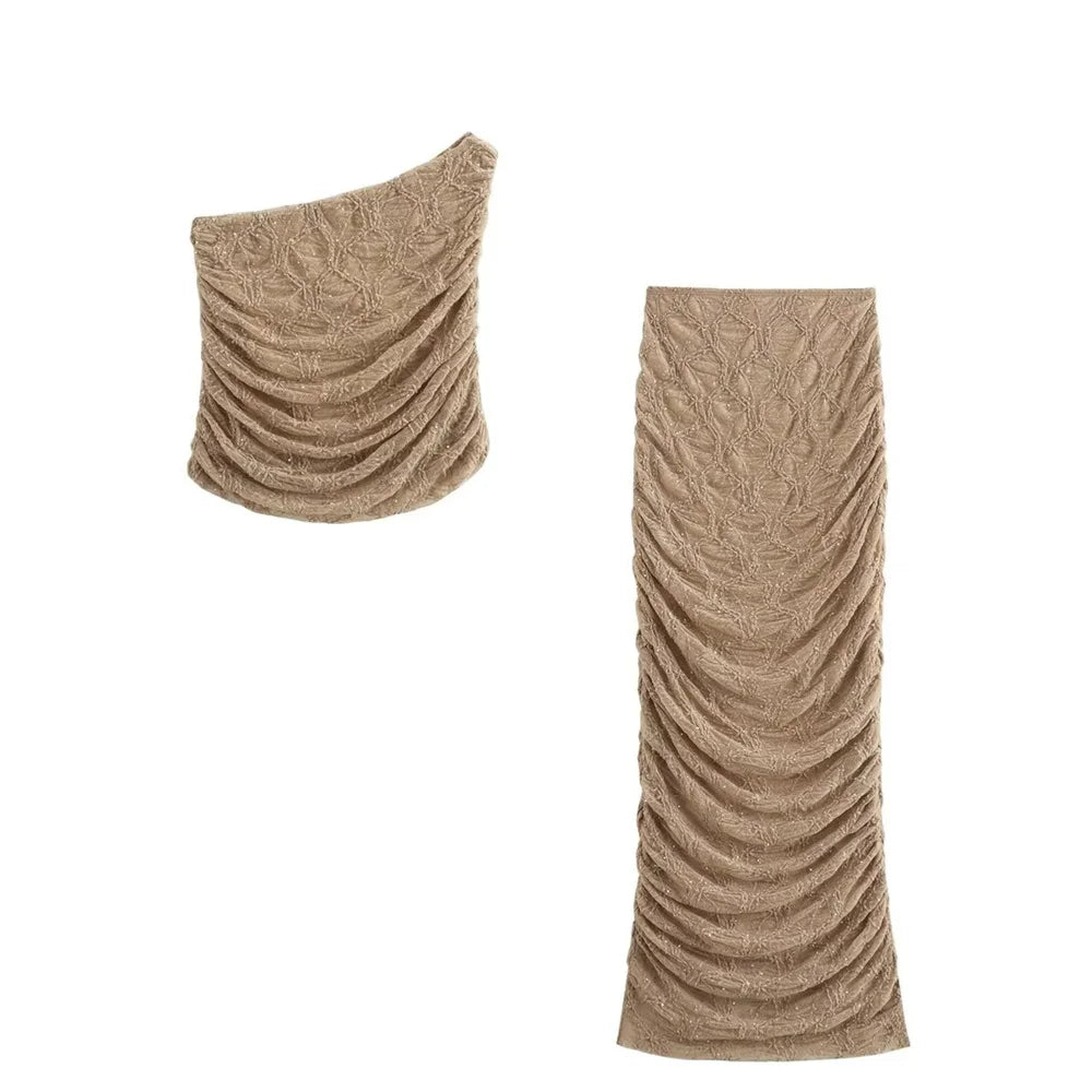 Womens Lace Shoulder Top and High Waist Midi Skirt Set