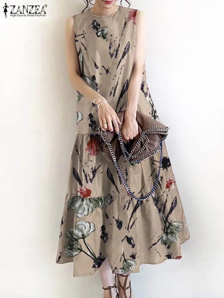 Bohemian Floral Sundress Women O Neck Sleeveless Midi