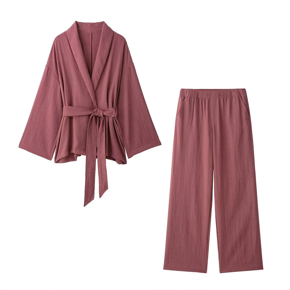 Womens Side Tie Kimono Top And Trousers Set With V Neck Long Sleeves Elastic Waist Pants For Spring Summer Casual Chic