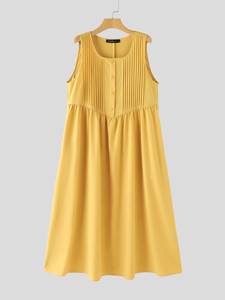 Sleeveless Pleated Long Sundress For Summer Beach Casual