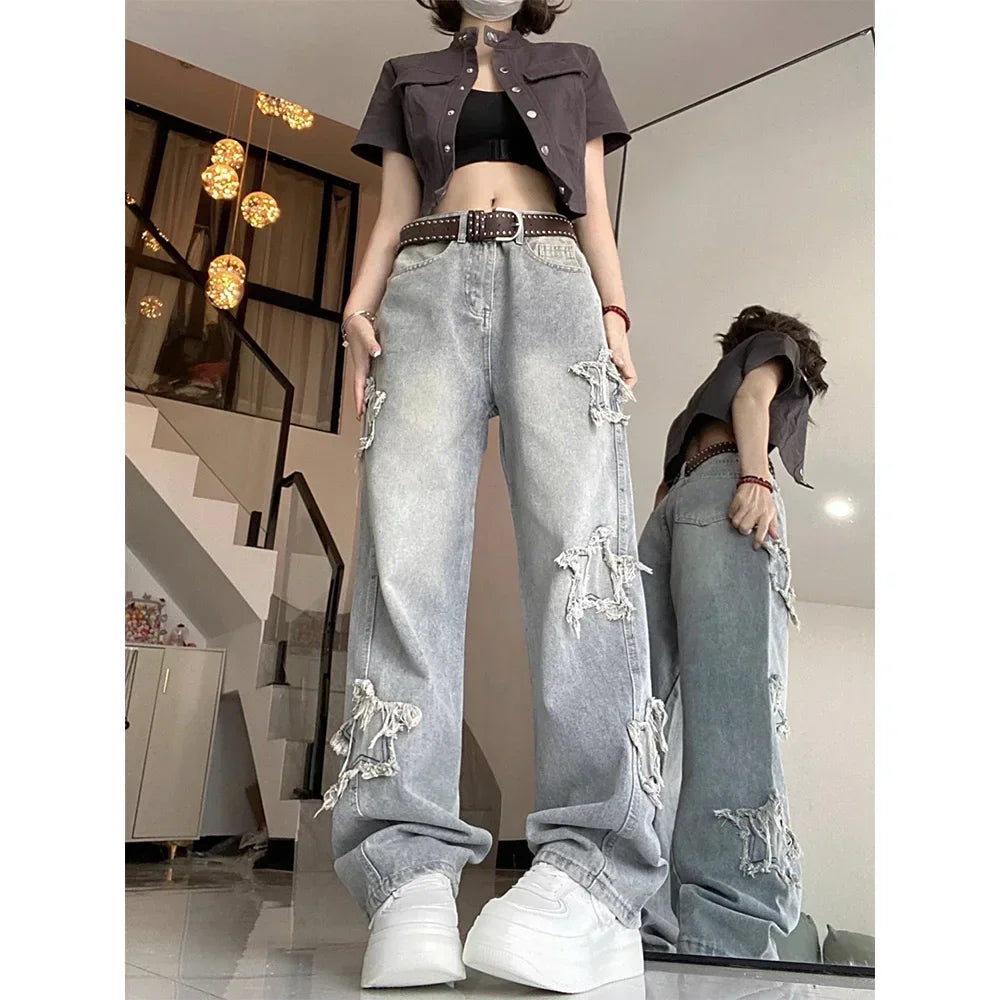 Women High Waisted Denim Jeans With Star Pattern Blue