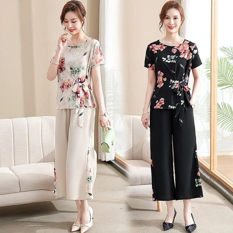 Stylish Fashionable Two Piece Set for Women with Printed Short Sleeve T-Shirt and Trousers Suit for Middle Aged Mothers.