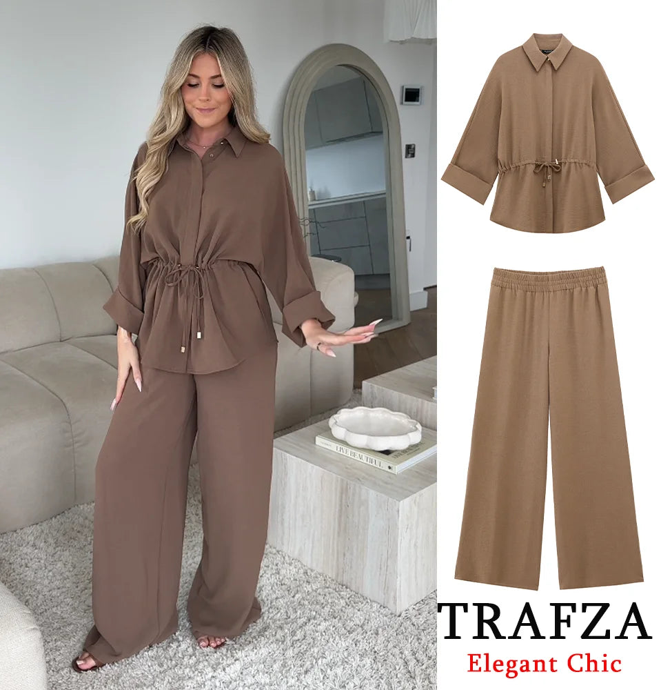 Women Casual Brown Lace-Up Waist Shirt and High Waist Wide Leg Pants Set Spring Fashion Daily Commuter Outfit