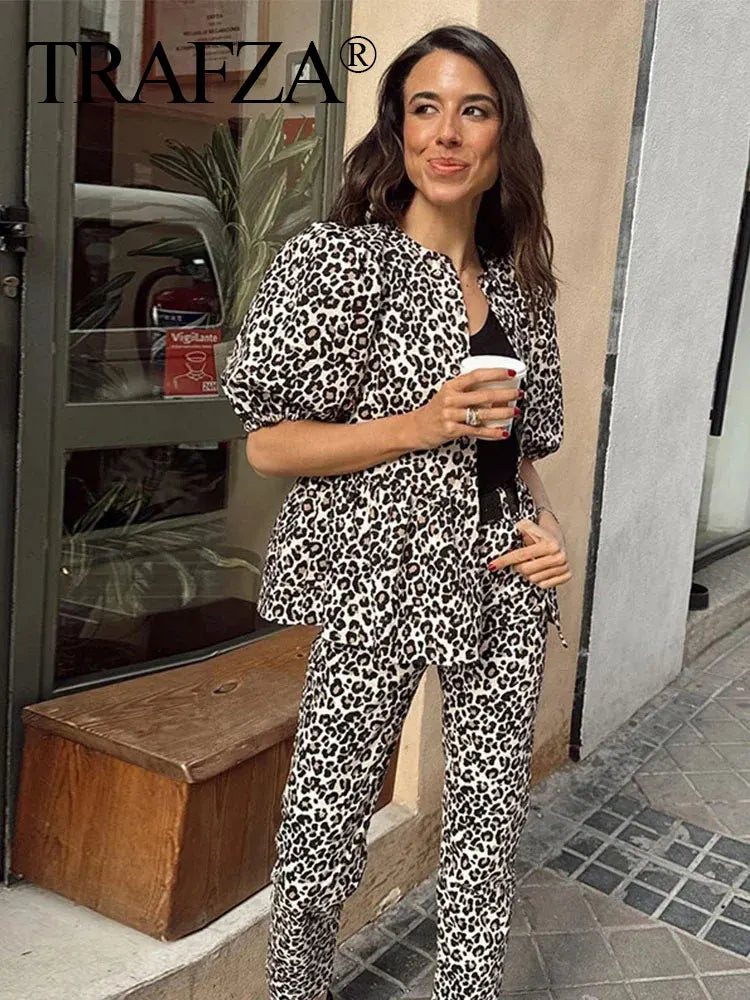 Trendy Leopard Print Shirt and Pant Set for Women with O-Neck Short Puff Sleeve Blouse and Straight Trousers for Summer Streetwear.