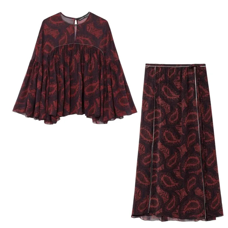 Women’s Spring Printed Midi Skirt Two-Piece Set with Casual Folded Silk Texture Shirt and High Waist Skirt