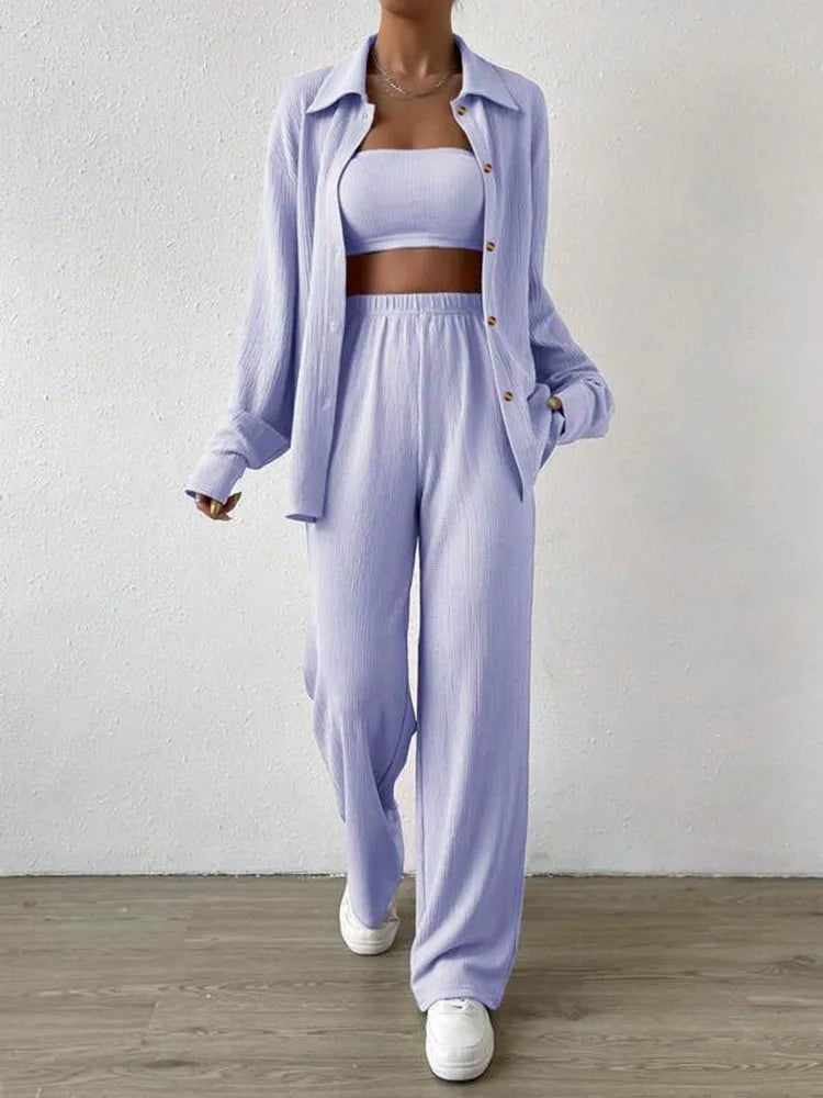 Stylish Women’s Casual 2 Piece Outfit Long Sleeve Button Blouse and Wide Leg Loose Pants Set for Streetwear and Loungewear.