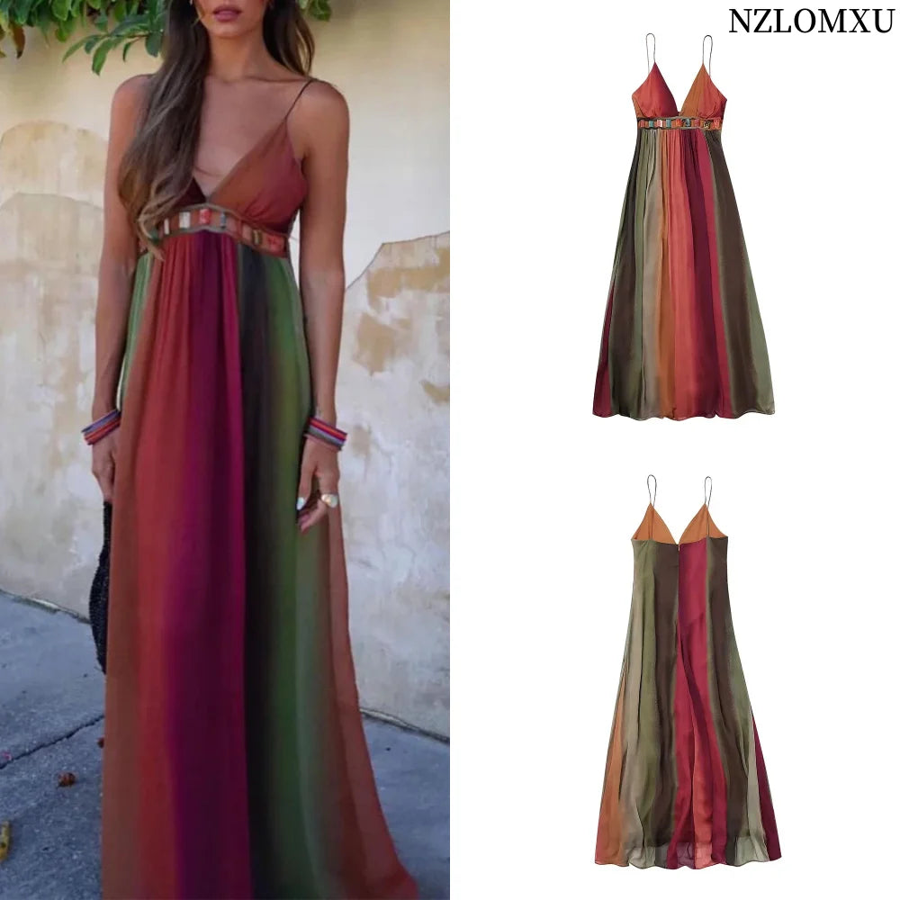 Tie Dye Chiffon Dress With Deep V Neck Spaghetti Straps