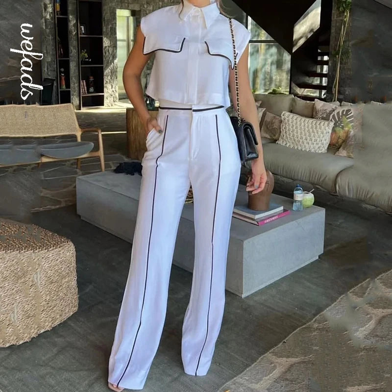 Women Two Piece Office Set Sleeveless Lapel Vest Jacket with Contrast Buttons Slim Fit Top and Loose Pants with Pockets