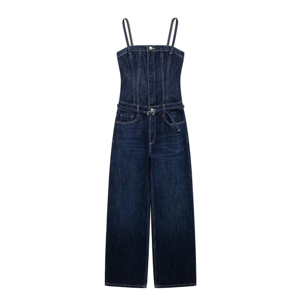 Loose Fitting Waist Belt Cotton Denim Long Jumpsuit for Women Comfortable Autumn and Winter Fashion, perfect for everyday wear.