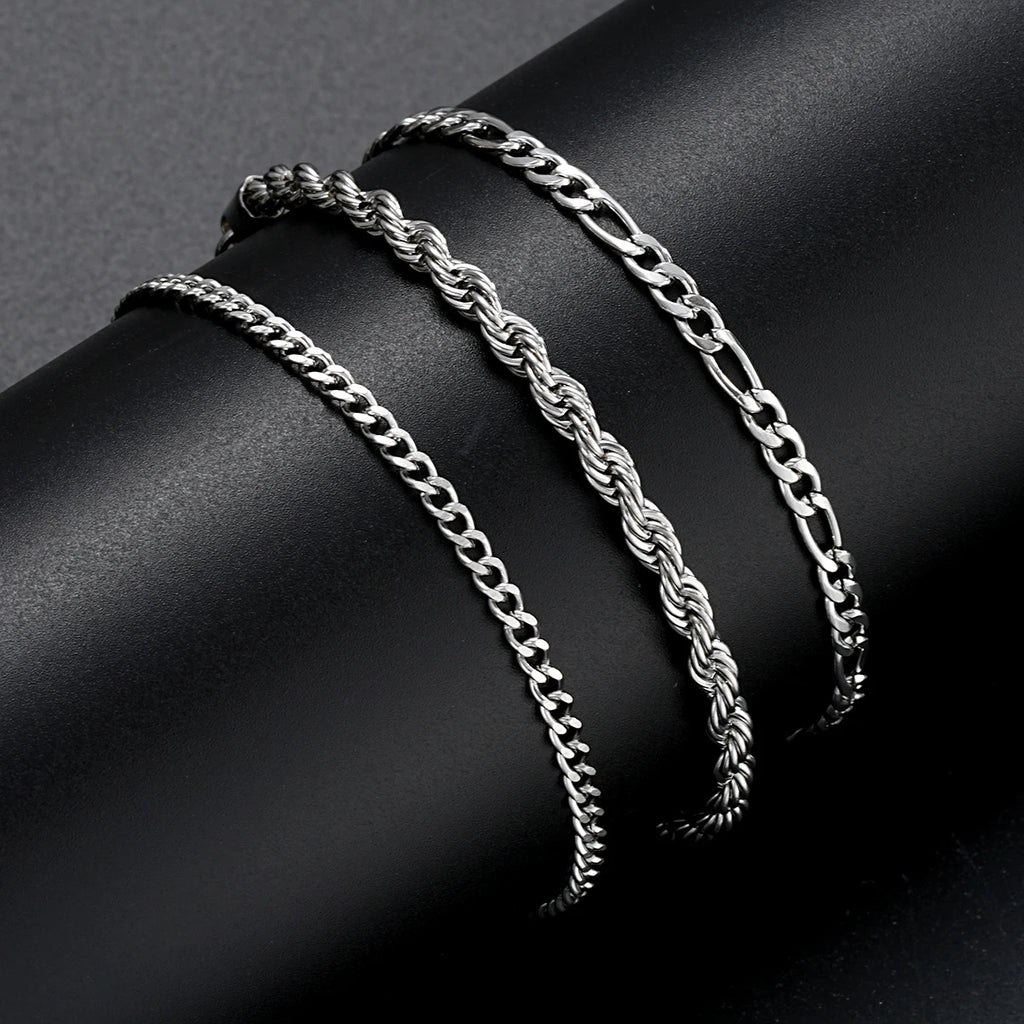 Stylish 3 Piece Stainless Steel Cuban Chain Bracelet Set for Men, perfect for minimalist silver hip hop fashion jewelry gifts.