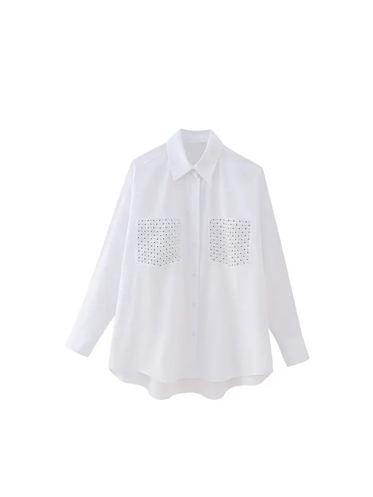 TELLHONEY Women’s Casual Lapel Collar Single Breasted Blouse with Pockets and Rivet Detail Long Sleeve Shirt in white.