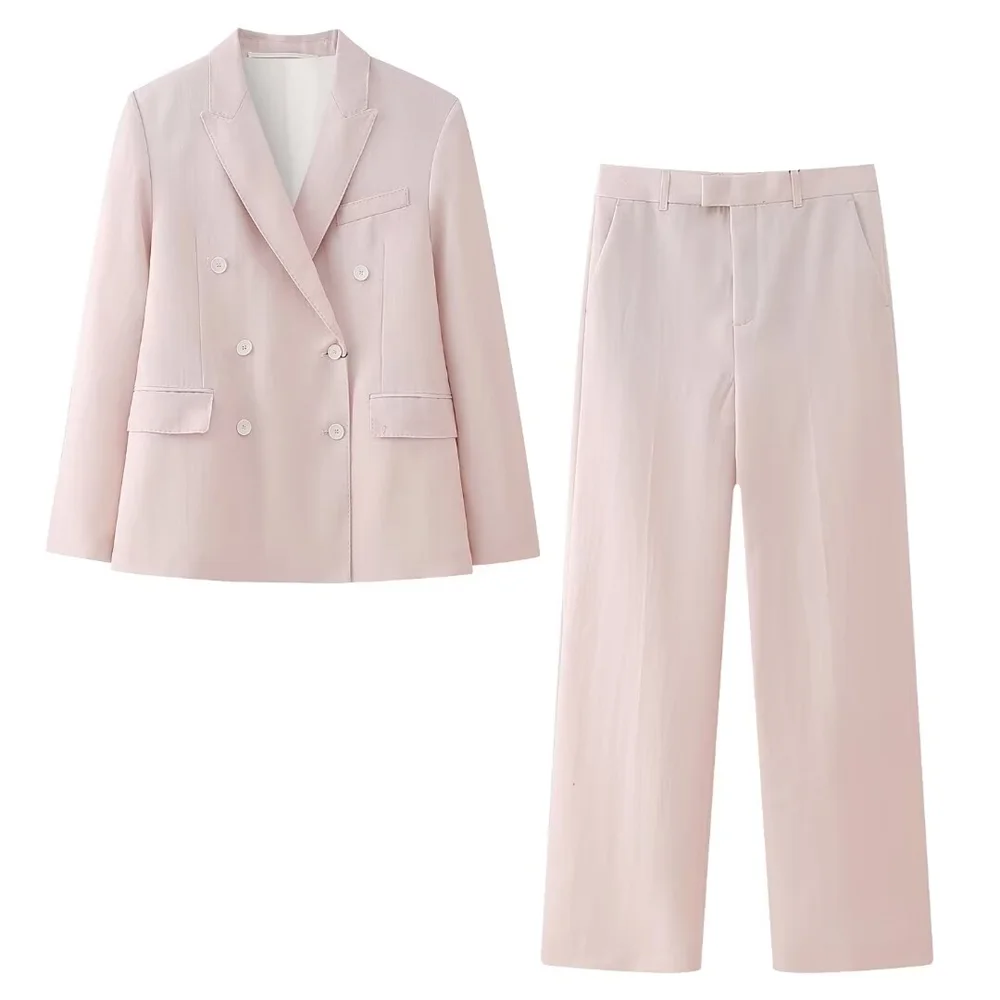 Stylish PB&ZA Pink Draping Casual Double Breasted Women's Commuter Suit Coat with Straight Leg Pants for versatile looks.