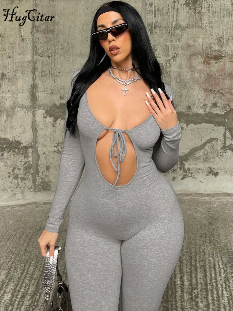 Stylish Solid V Neck Long Sleeve Hollow Out Lace Up Sexy Bodycon Jumpsuit from Hugcitar, perfect for fall streetwear.