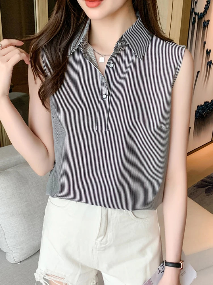 Stylish sleeveless casual striped blouse for women, a lightweight office top perfect for summer with a comfortable fit.