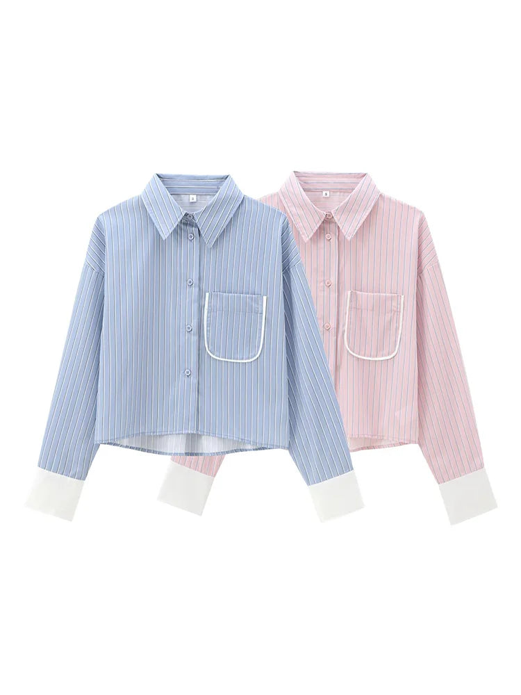 Women's Casual Striped Long Sleeve Short Shirt Simple Versatile Fashion Top in blue and pink, perfect for any occasion.