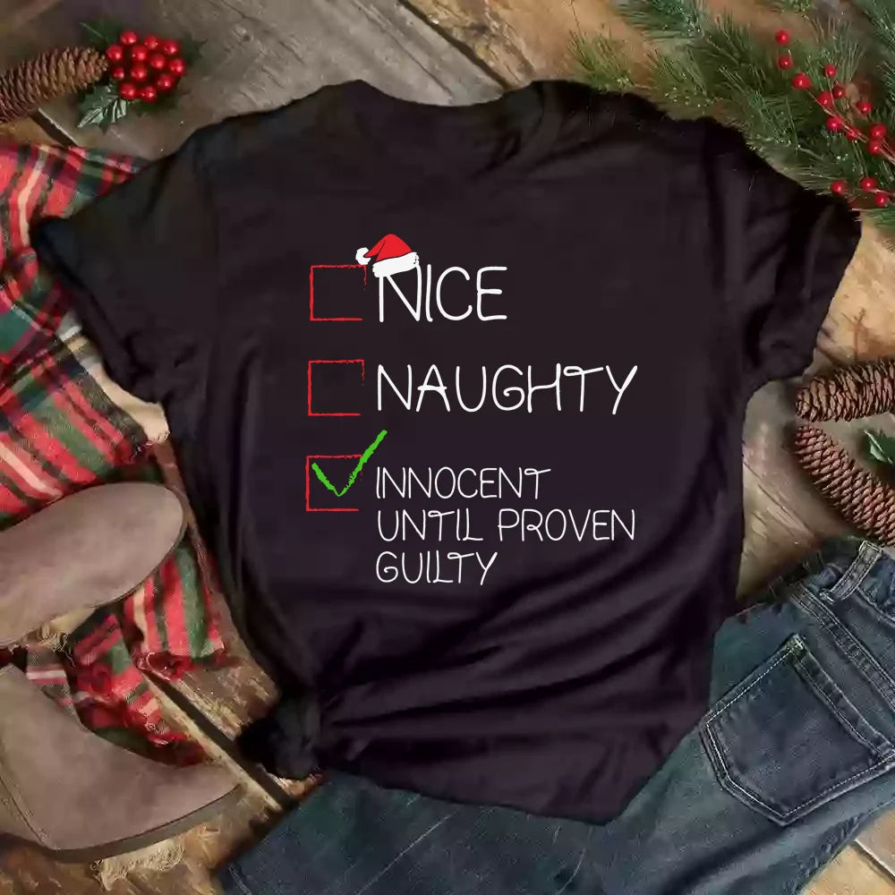 Nice Naughty Christmas Cartoon Letter Print T-Shirt Casual Short Sleeve Summer Top for Women