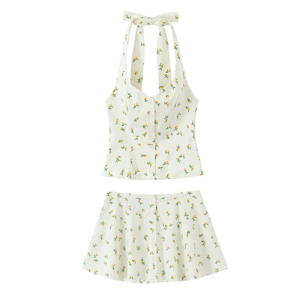 Lemon Print Two Piece Set Tank Top And Mini Skirt Set