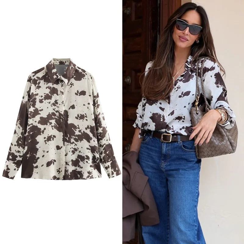 Chic Women's Animal Print Satin Oversized Long Sleeve Blouse Tie Dye Button Up Shirt for Spring, ideal for trendy outfits.