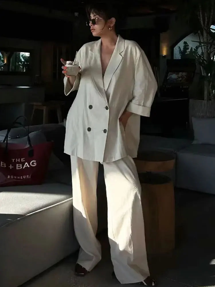 Women's Suit Set With Double Breasted Coat And Wide Leg Pants, Wrinkle Effect Lapel Office Wear For Commuters