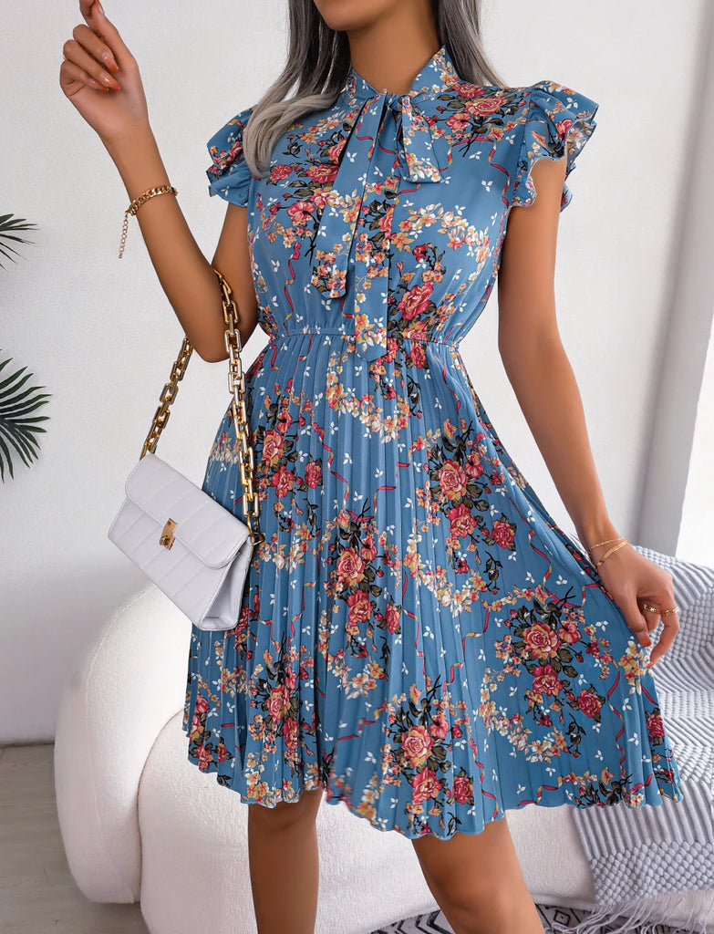 Womens Floral Print Bow Dress With Slim Pleated Waist