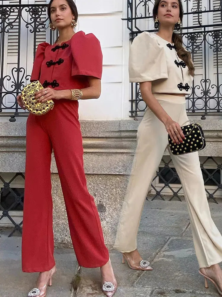 Women Summer Pantsuit Set Puff Sleeve Top And Wide Leg White Pants Casual Two Piece Outfit