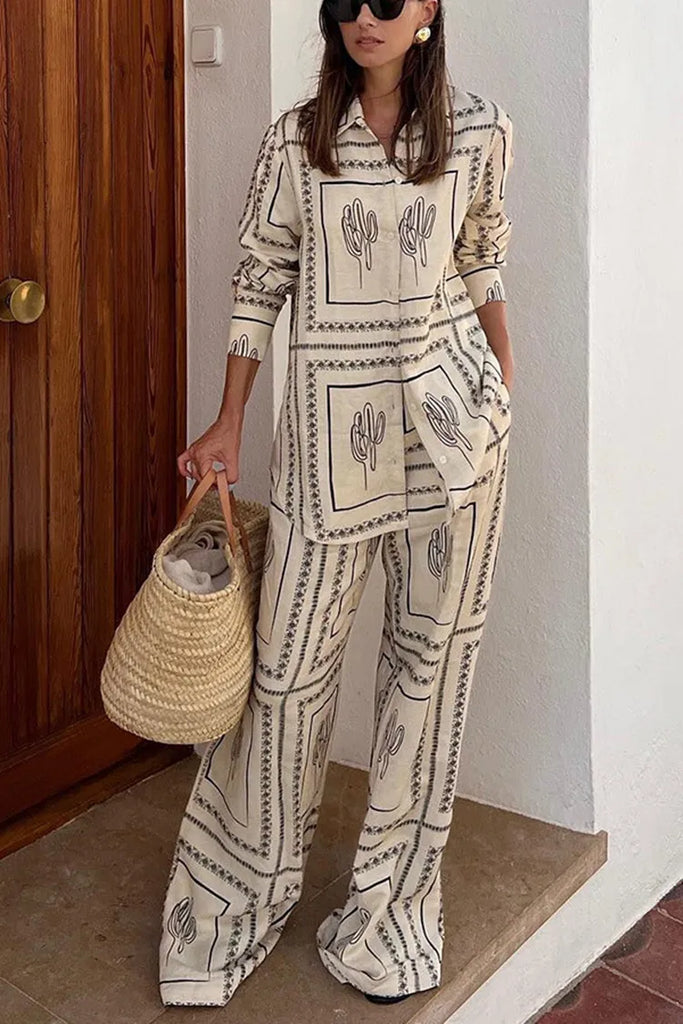 Printed Two Piece Set Long Sleeve Shirt Wide Leg Pants