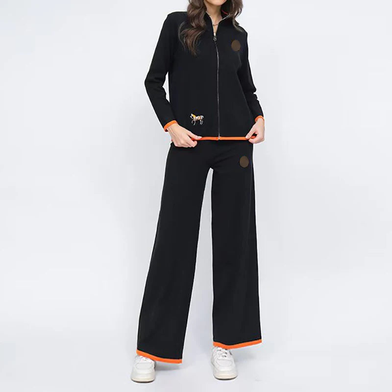 Autumn Embroidered Women Two-Piece Knit Set with Stand Collar Long Sleeve Cardigan and High Waist Straight Leg Pants