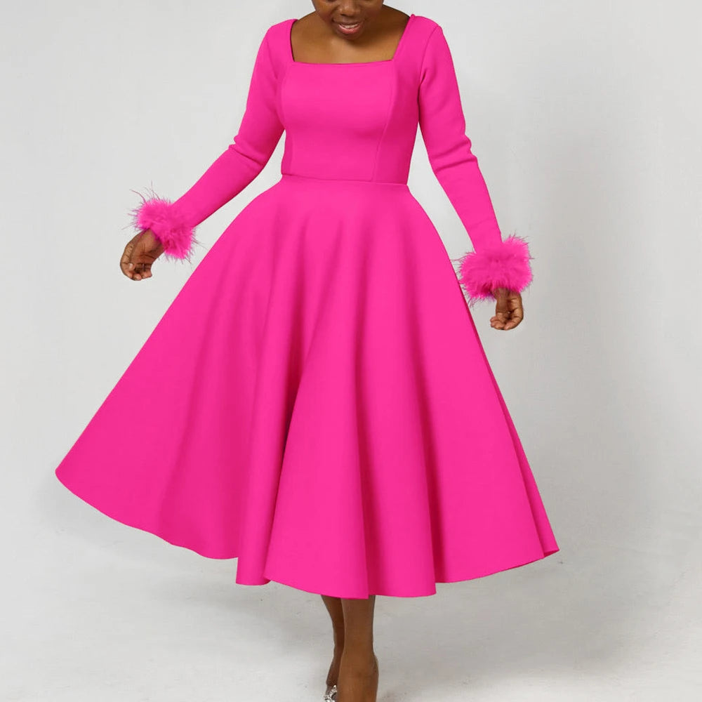 Square Neck Party Dress Women Pleated A Line Mid Calf