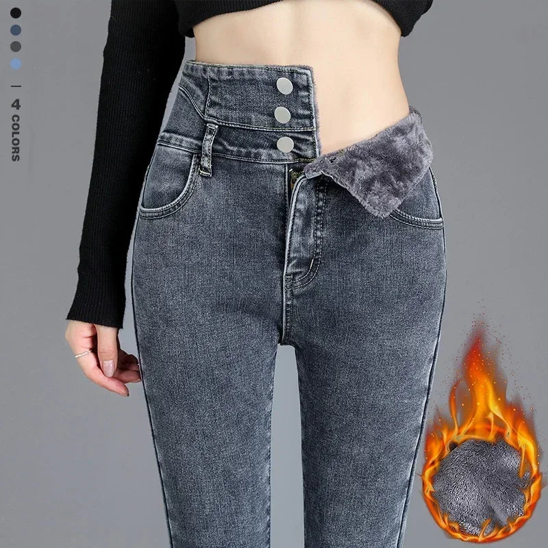 Winter Warm Fleece Lined Skinny Jeans for Women High Waisted