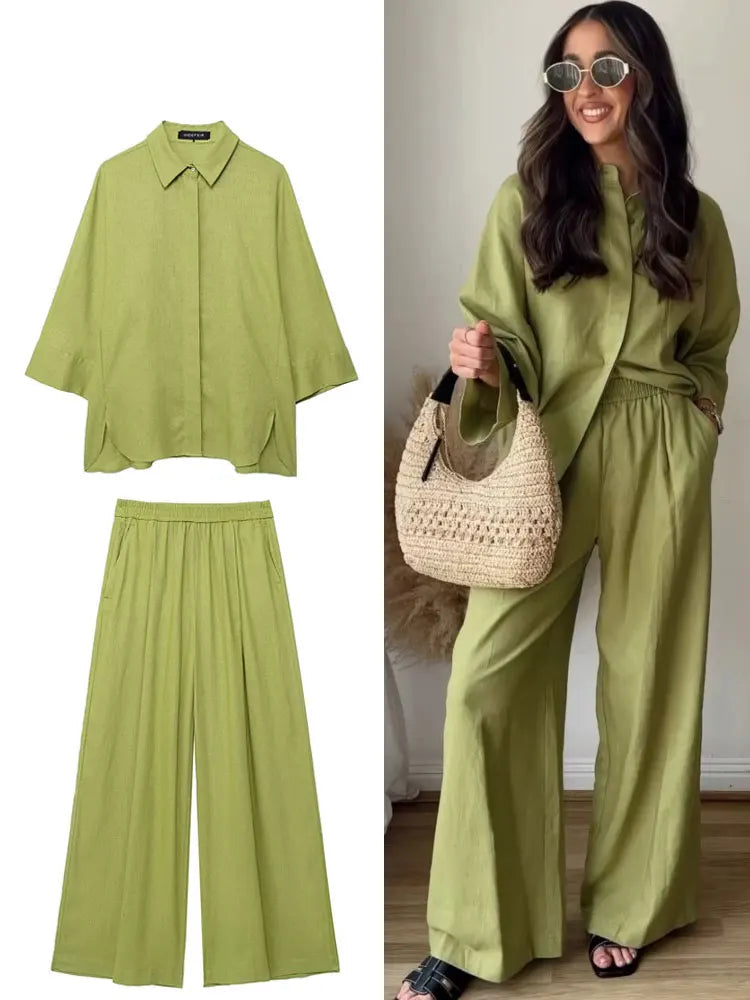 Stylish TRAFZA Women Casual Solid Blouse and Pants Set Loose Fit Long Sleeve Lapel Shirt with Elastic Waist Wide Leg Trousers.