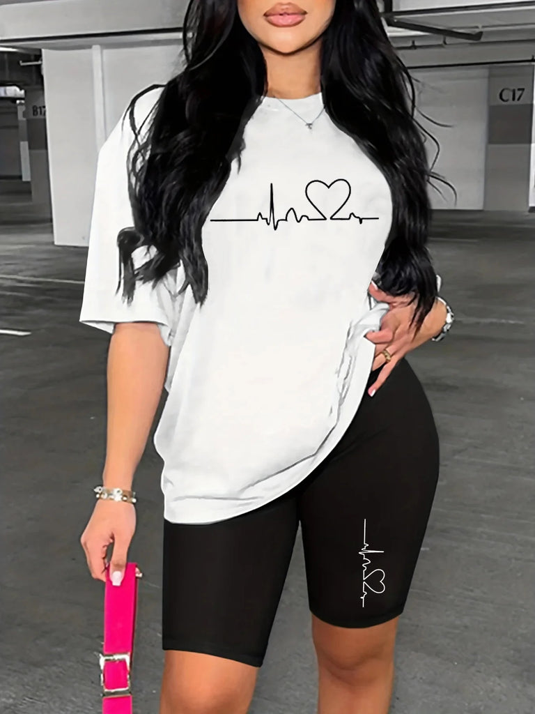 Stylish Women’s Casual Two Piece Set Loose Fit Short Sleeve Round Neck T-shirt and Shorts Love ECG Print for summer.