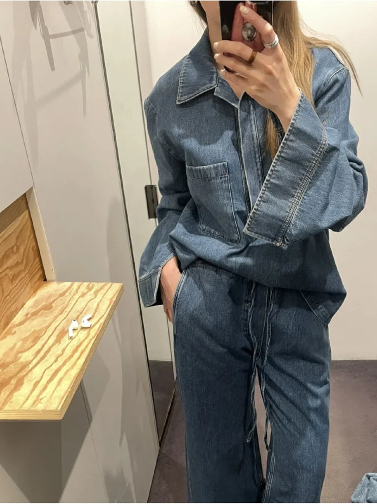 Women's Denim Two-Piece Set Open Collar Top And Wide-Leg Pants