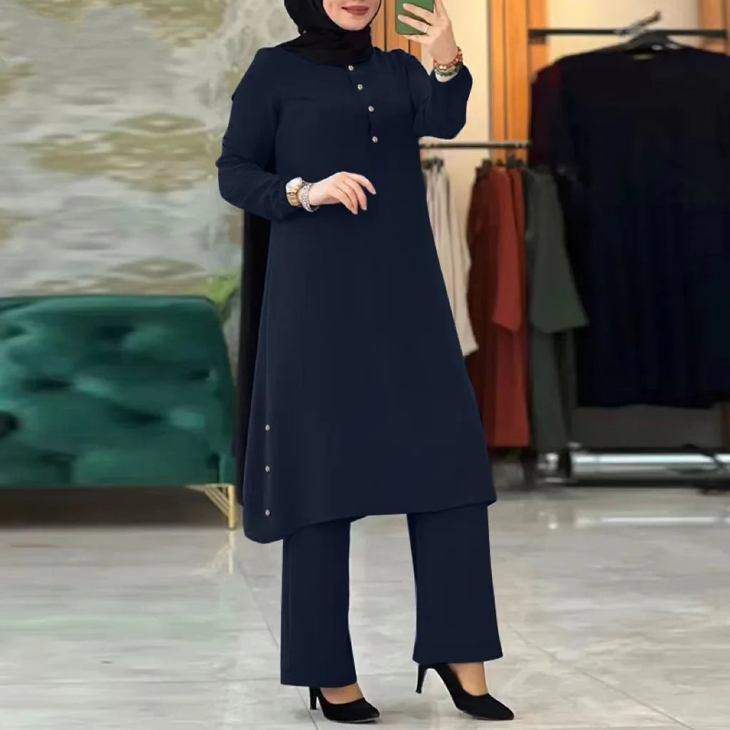 Elegant Women's Muslim Two Piece Set Solid Color Irregular Long Shirt Top with Wide Leg Pants for modern modest fashion.