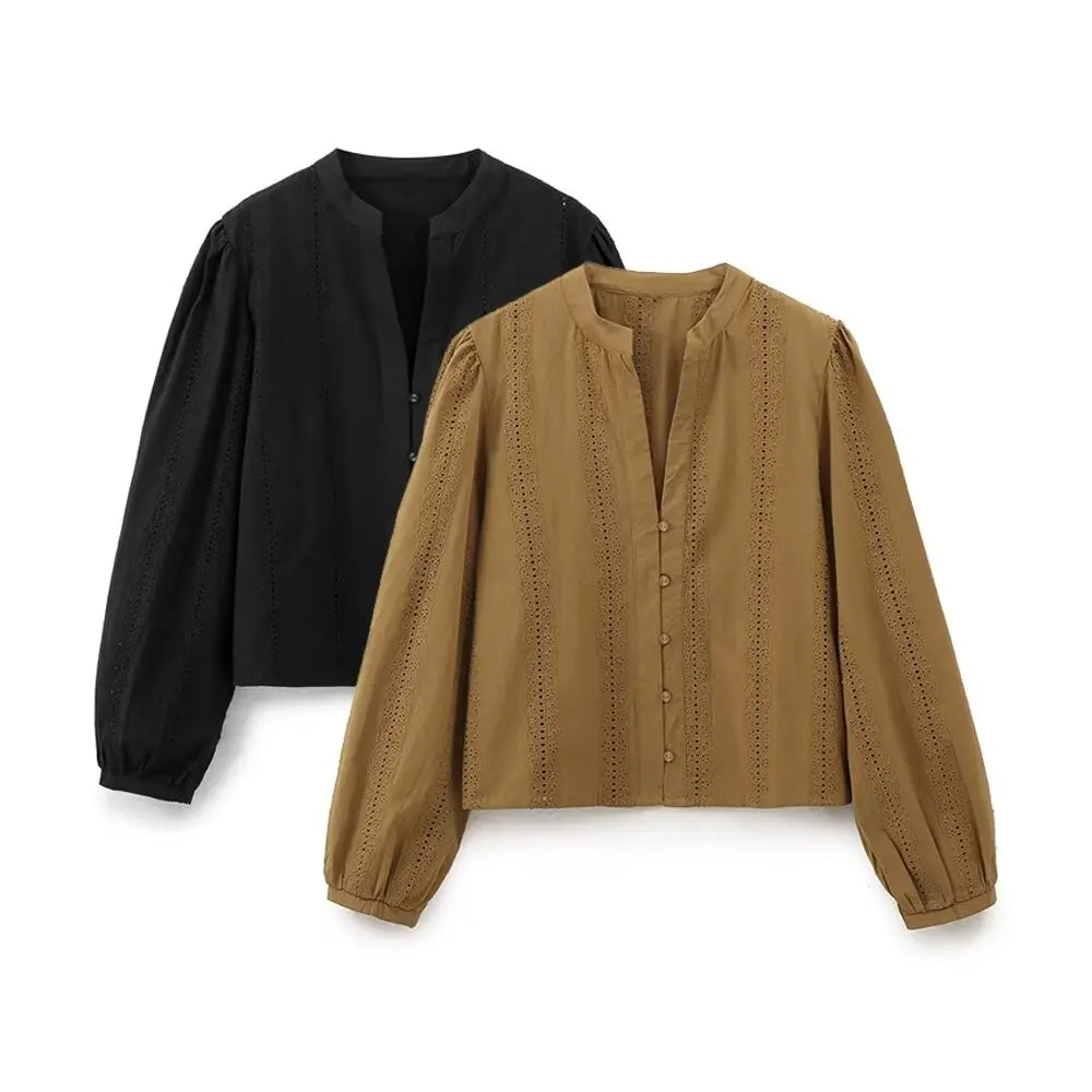 Womens Retro Casual Cotton Shirt Long Sleeve Embroidered Hollow Round Neck Lapel Top for Autumn in black and brown.