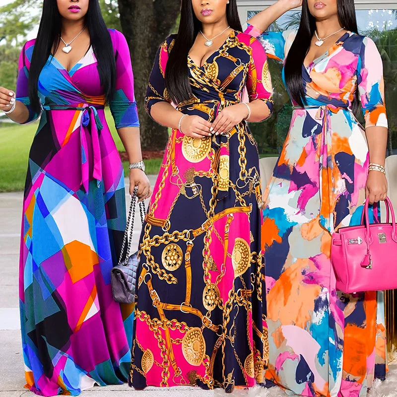 Bohemian Floral Maxi Dress With V Neck Three Quarter Sleeves