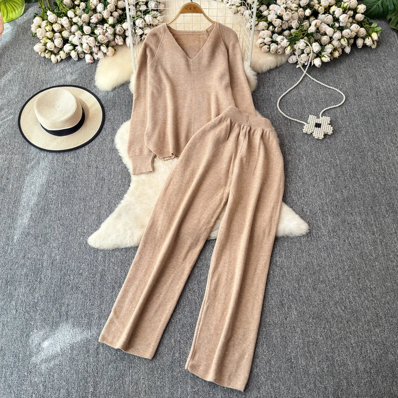 Cozy Knitted Two-Piece Women's Tracksuit Set with V-Neck Sweater and Straight Jogging Pants Autumn Winter Lounge Wear