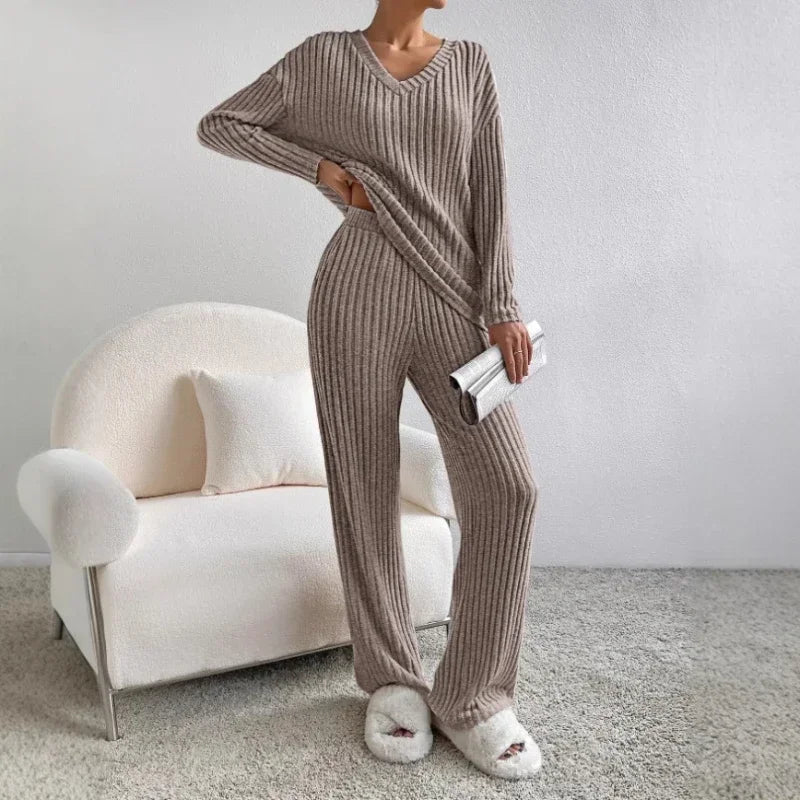 Stylish Women’s Two Piece Knit Set Casual V Neck Loose Fit Top with Straight Leg Pants, perfect for spring and autumn comfort.