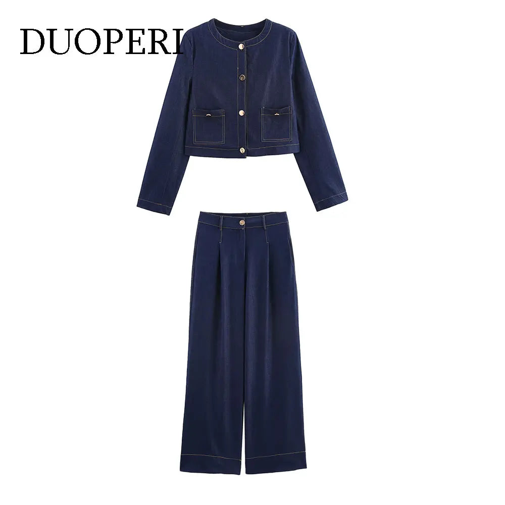 Women Denim Two-Piece Set with Solid Pocket Jacket and Chic Jeans Trousers Stylish Casual Pants Outfit