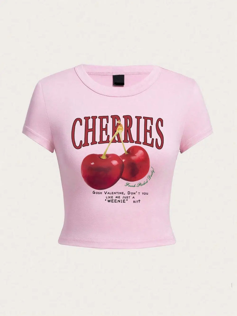 Harajuku Women's Crop Top with Fresh Red Cherries Print Soft O-Neck Tee for Comfortable Streetwear and Club Style