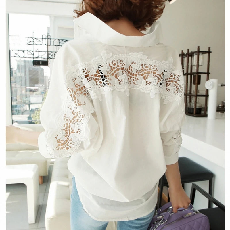 Stylish back view of the Sexy Hollow Out Lace Cotton Blouse for Women Elegant Backless Shirt for office wear.