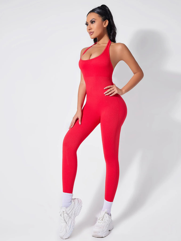 Ladies Vibrant Red Backless Hanging Neck Jumpsuit for Fitness and Fashionable Daily Wear, perfect for stylish workouts.