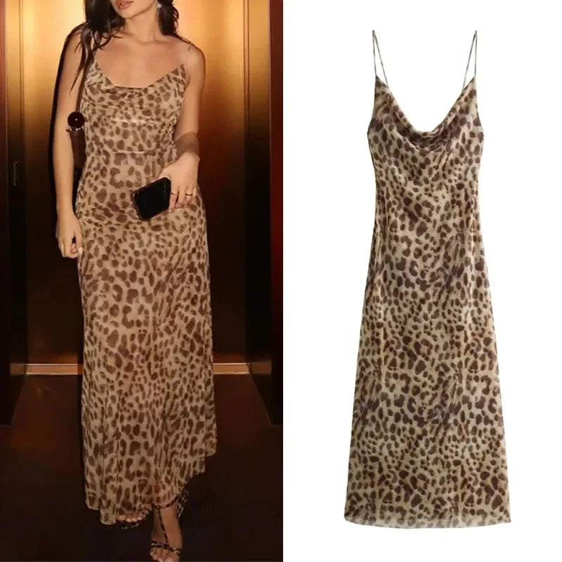 Leopard Print Backless Midi Dress Women Tulle Party Dress