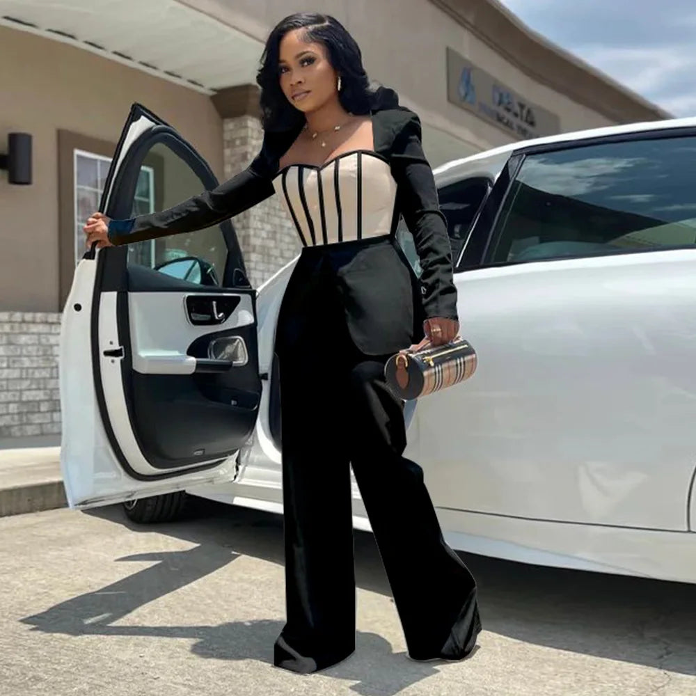 Stylish Women Long Sleeve Patchwork Romper Jumpsuit with Waist Cincher Wide-Leg Pants, perfect for office and party wear.